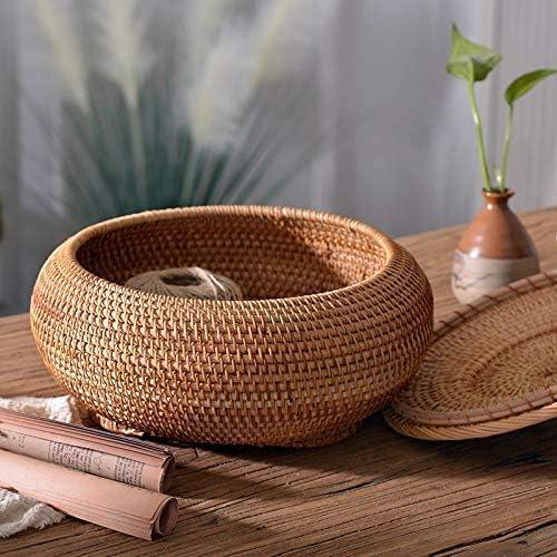 Round Rattan Boxes with Lid Hand-Woven Multi-Purpose Wicker Tray 8.6Inch Picnic Food Bread Table Storage Basket (22x13cm)