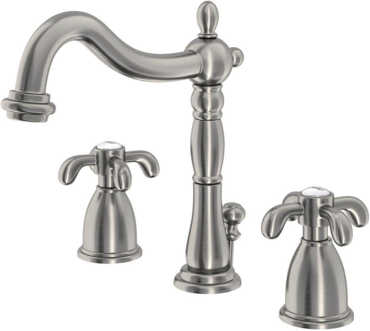 Kingston Brass French Country Two-Handle 3-Hole Deck Mount Widespread Bathroom Faucet with Pop-Up Drain