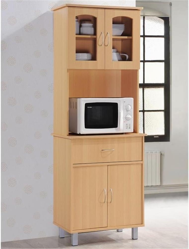HODEDAH IMPORT Long Standing Kitchen Cabinet with Top & Bottom Enclosed Cabinet Space, One Drawer, Large Open Space for Microwave, White