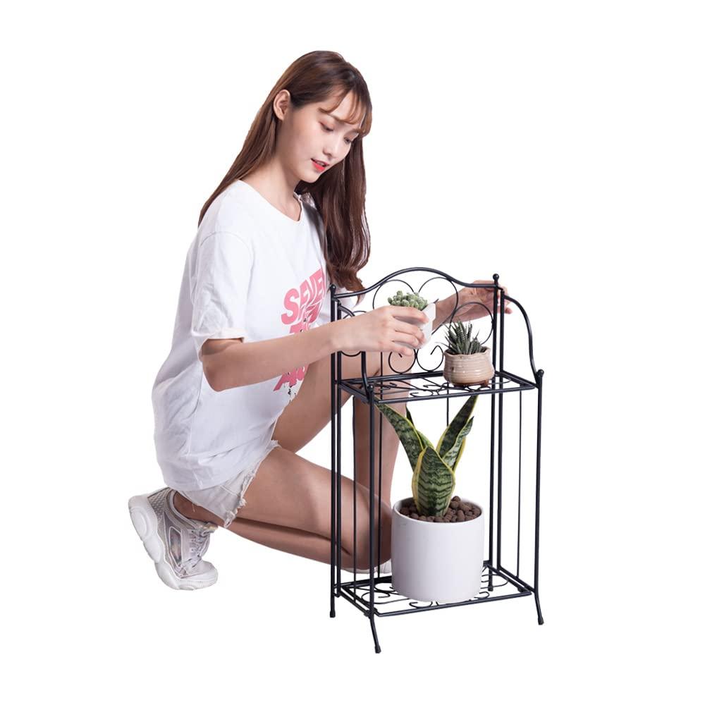 Yolafe Foldable 2 Tier Metal Plant Stand Scrollwork Design Indoor and Outdoor Flower Rack Pot Shelf Home Storage Organizer Shelf, Black
