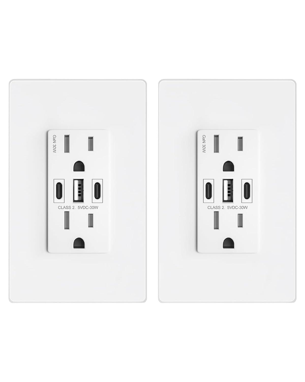 USB Wall Outlet, 30W GaN 6.0A USB Outlet Receptacles with 3 USB Ports,15 Amp Tamper-Resistant Electrical Outlet with 1 Type A&2 Type C,Screwless Wall Plate Included,UL Listed,2 Pack