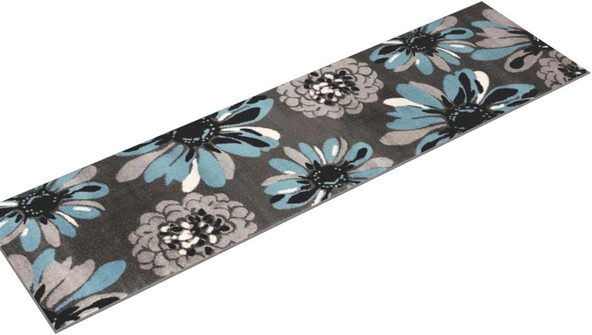 World Rug Gallery Contemporary Modern Flowers Area Rug - Blue 2' x 7': Stain-Resistant Runner, Low Pile, Floral Pattern