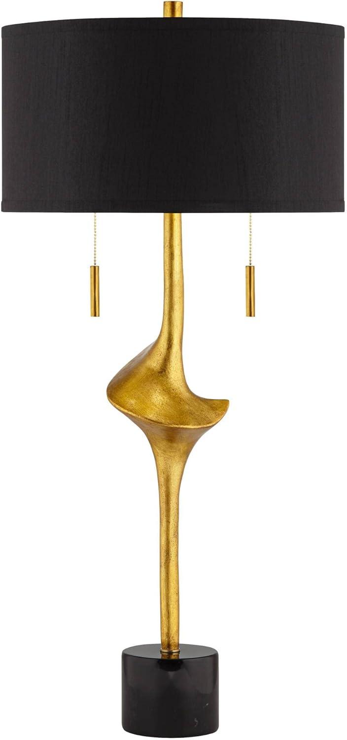 Possini Euro Design Athena Modern Buffet Table Lamp 35 1/2" Tall Sculptural Gold Leaf Black Drum Shade Bedroom Living Room Bedside Nightstand Office