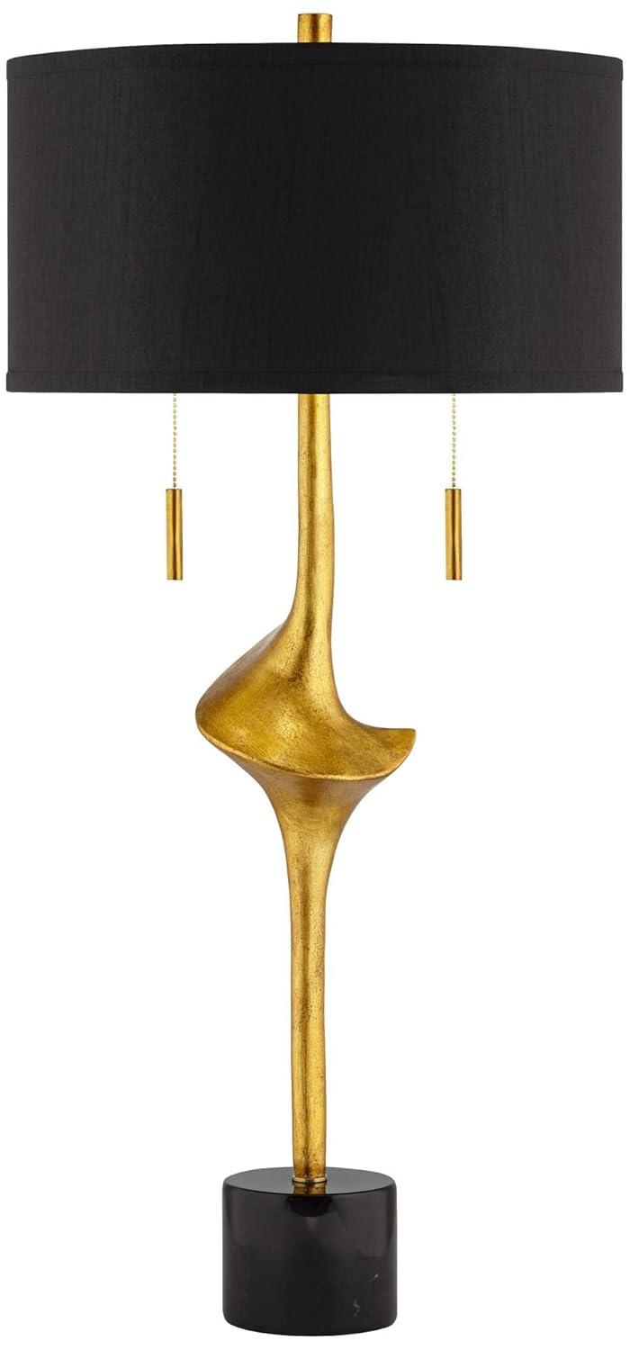 Possini Euro Design Athena Modern Buffet Table Lamp 35 1/2" Tall Sculptural Gold Leaf Black Drum Shade Bedroom Living Room Bedside Nightstand Office