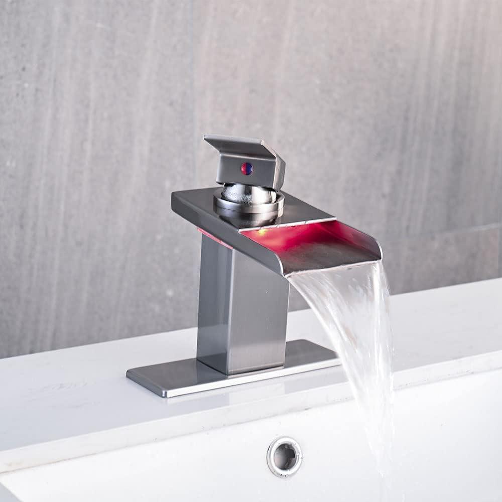 Brushed Nickel LED Waterfall Bathroom Faucet with Pop-Up Drain