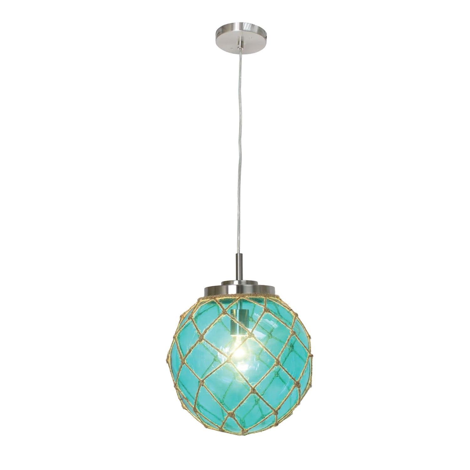 Buoy Netted Brushed Nickel Coastal Ocean Sea Glass Pendant with Natural Rope, Clear