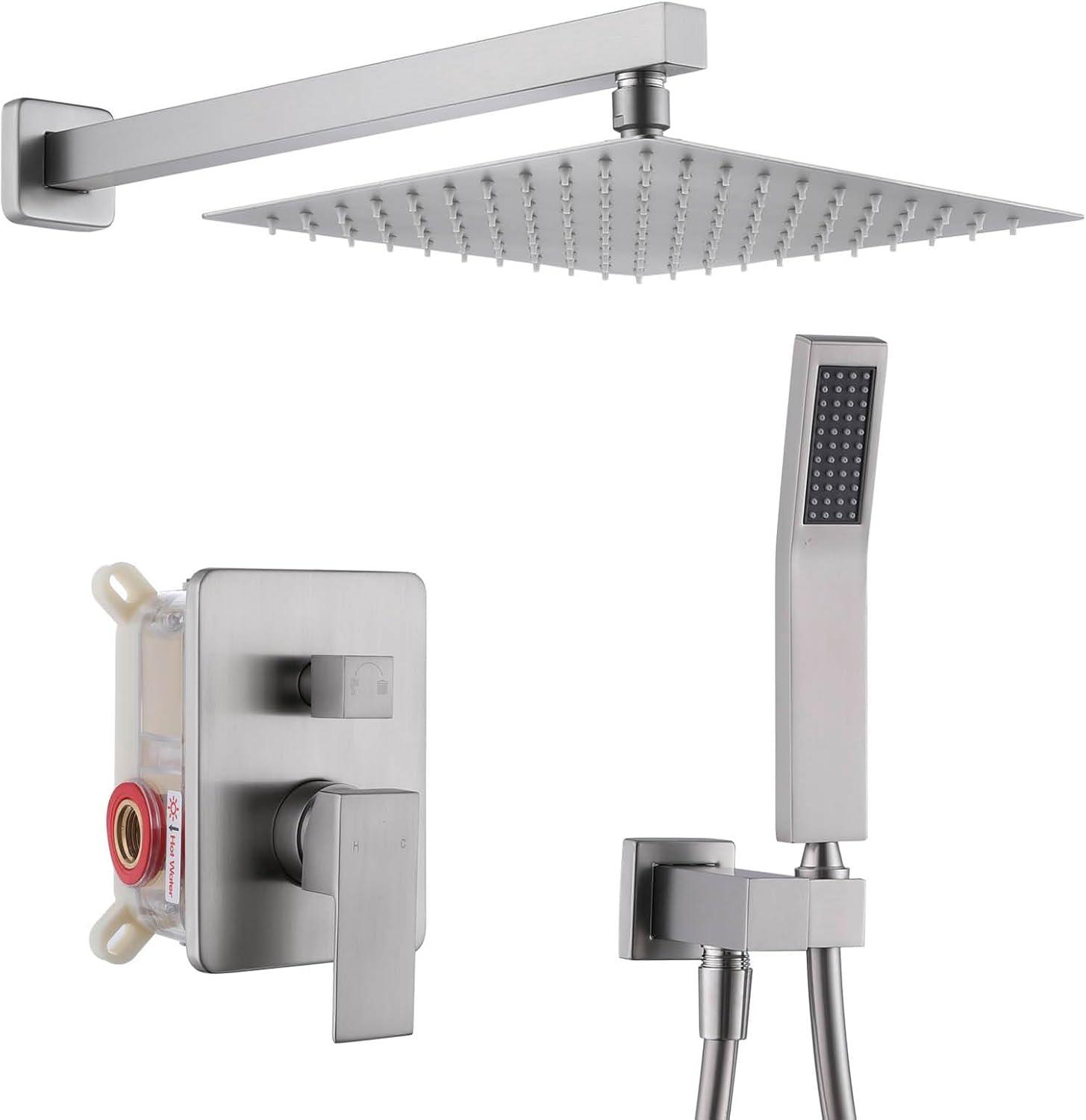 AWZTOO Wall Mounted Shower Faucet With Hand Shower Modern Shower System Set 10 Inch Rainfall Shower Head With Pressure Balance Valve Brushed Nickel