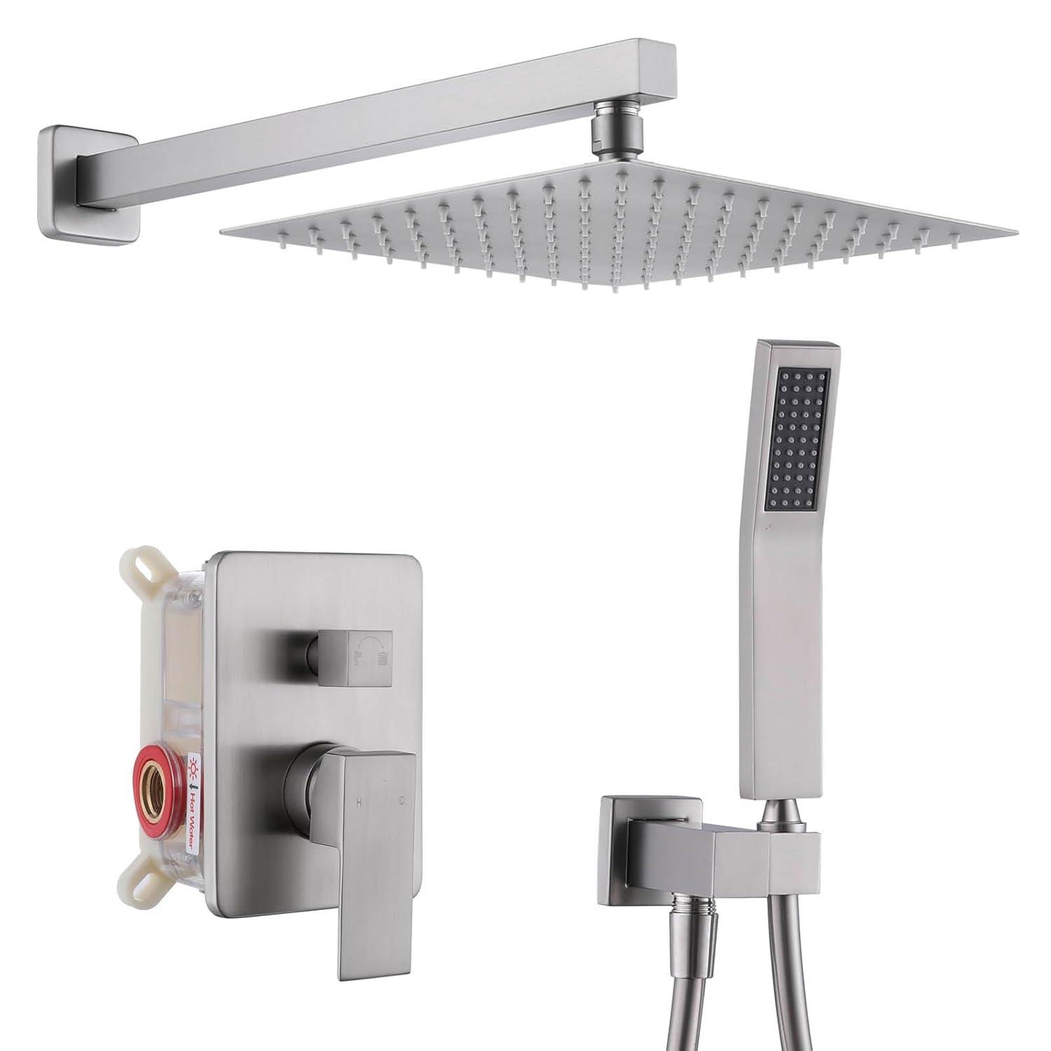 AWZTOO Wall Mounted Shower Faucet With Hand Shower Modern Shower System Set 10 Inch Rainfall Shower Head With Pressure Balance Valve Brushed Nickel