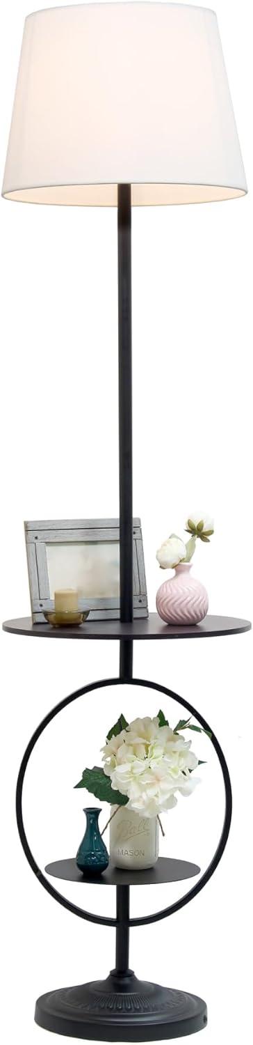 Bedside Nightstand End Table Dual Shelf Decorative Floor Lamp Black - Elegant Designs: Modern Metal with Linen Shade, ETL Listed