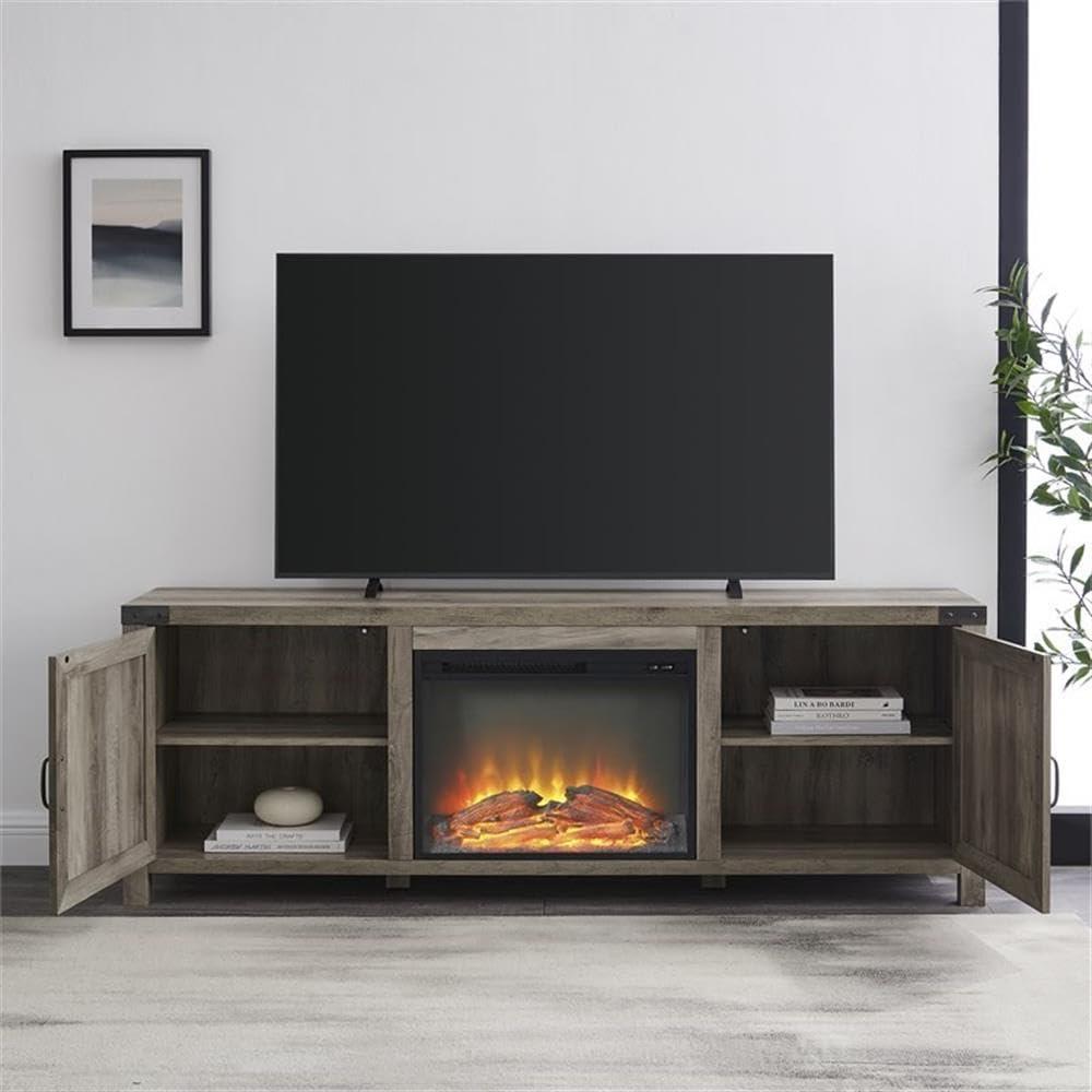 70" Grey Wash Rustic Farmhouse Fireplace TV Stand with Cabinet