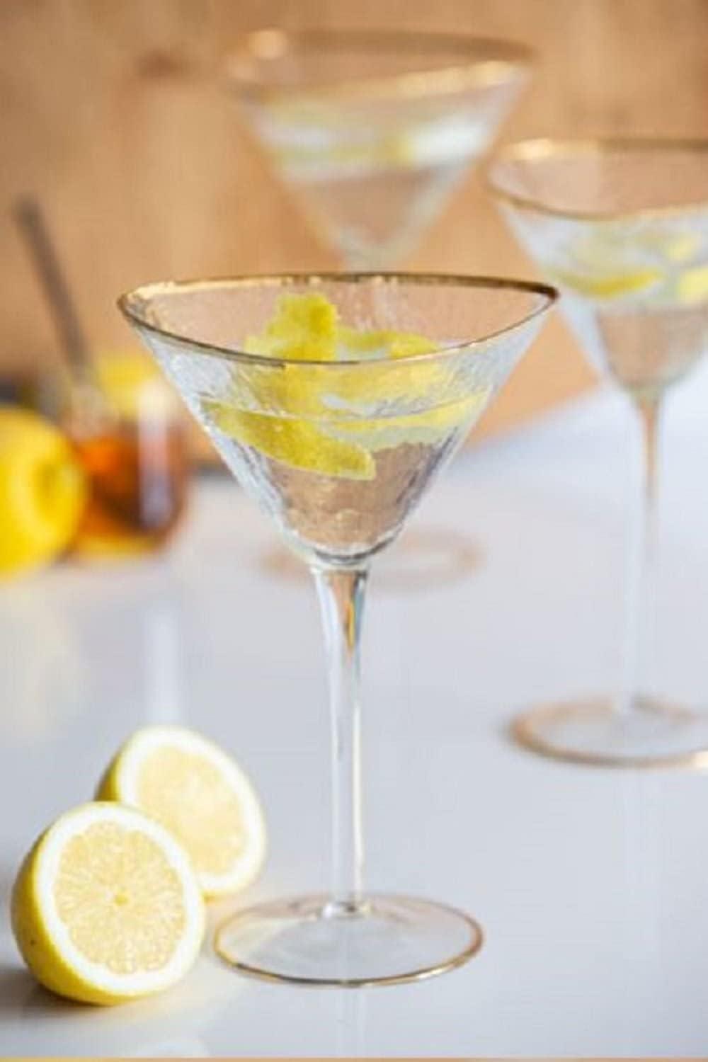 Handmade Hammered Glass Martini Set with Gold Rim and Picks