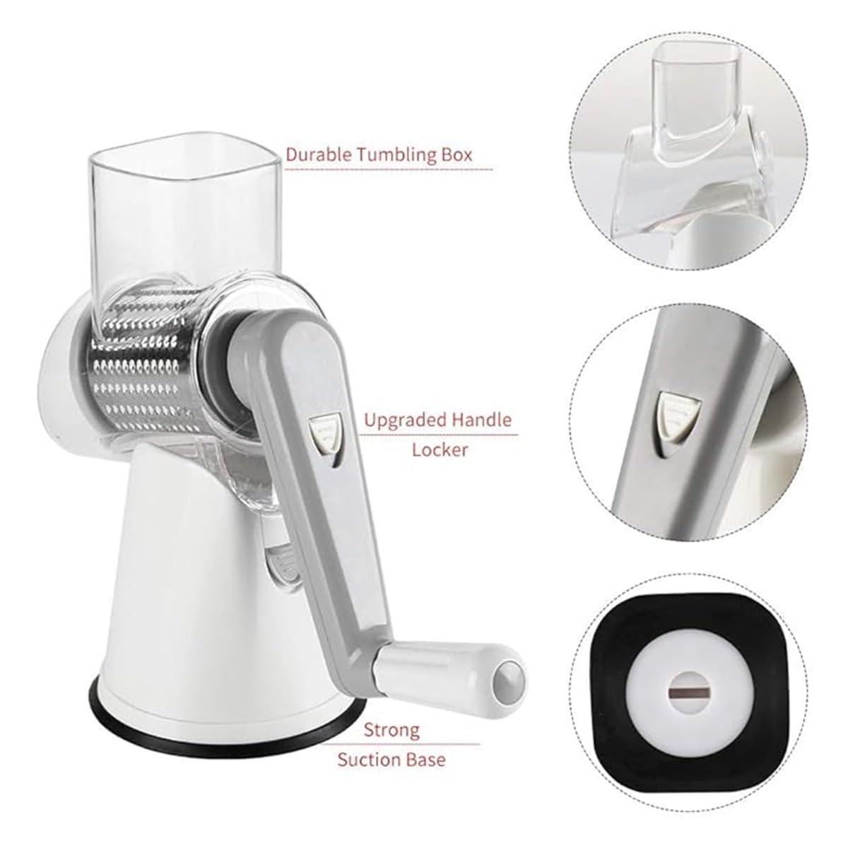 Rotary Cheese Grater Cheese Shredder - Kitchen Manual Cheese Grater with Handle Vegetable Slicer Nuts Grinder 3 Replaceable Drum Blades and Strong Suction Base Free Cleaning Brush