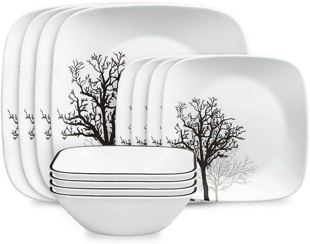 Corelle 12pc Vitrelle Timber Shadows Dinnerware Set: Botanical Tree Pattern, Service for 4, Includes Plates & Bowls