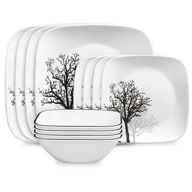 Corelle 12pc Vitrelle Timber Shadows Dinnerware Set: Botanical Tree Pattern, Service for 4, Includes Plates & Bowls