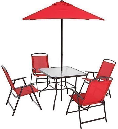 Mainstays Albany Lane Steel 6-Piece Outdoor Patio Dining Set with Umbrella, Red