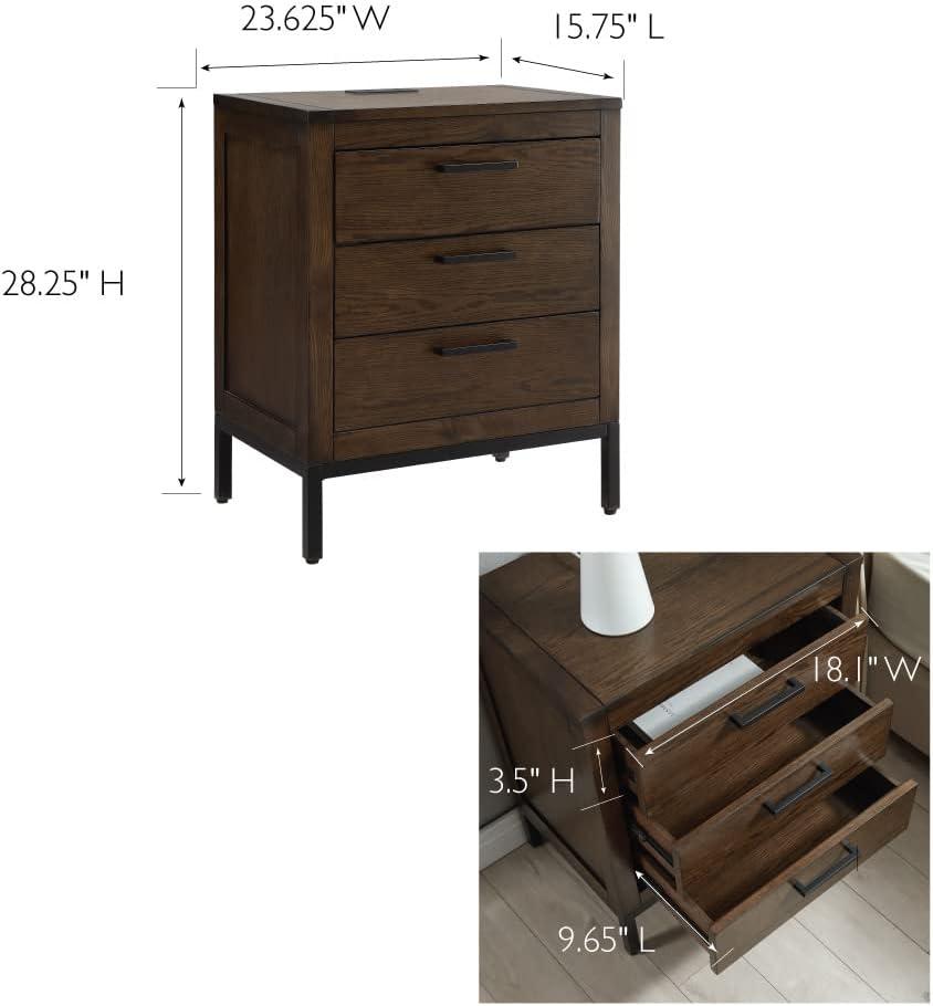 Distressed Riverstone Solid Wood 3-Drawer Nightstand with USB-C Charging