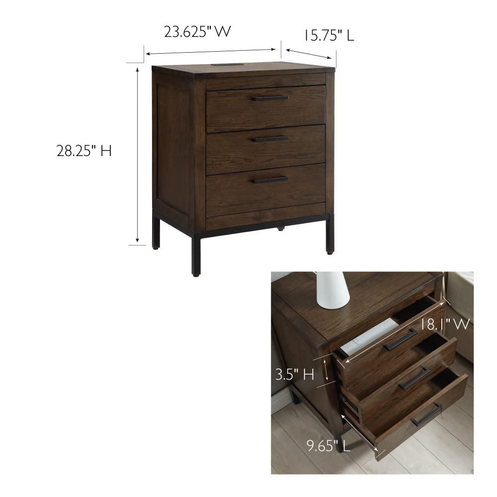 Tableau Nightstand Side Table With Top Drawer and Hidden Lower Cabinet Rustic Modern – USB-C Fast Charging Station, A/C and USB Charging Port Integrated – Durable Solid Wood, Distressed Riverstone