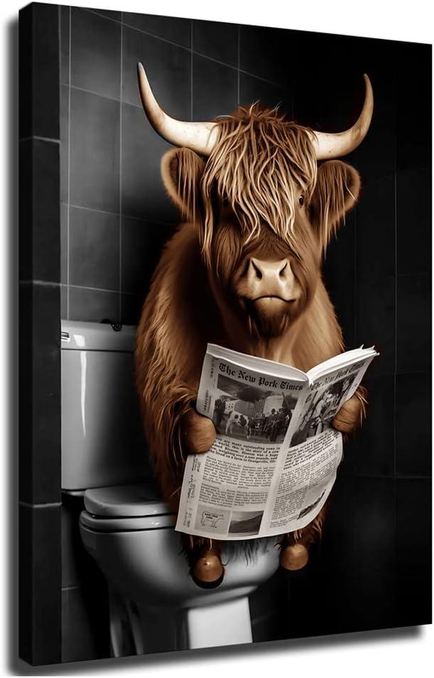 ZHONGYUTONG Funny Highland Cow Bathroom Decor Cow Sitting on Toilet Reading Newspaper Wall Art Cute Animal Poster Prints Farmhouse Toilet Canvas Artwork (12.00" x 18.00")