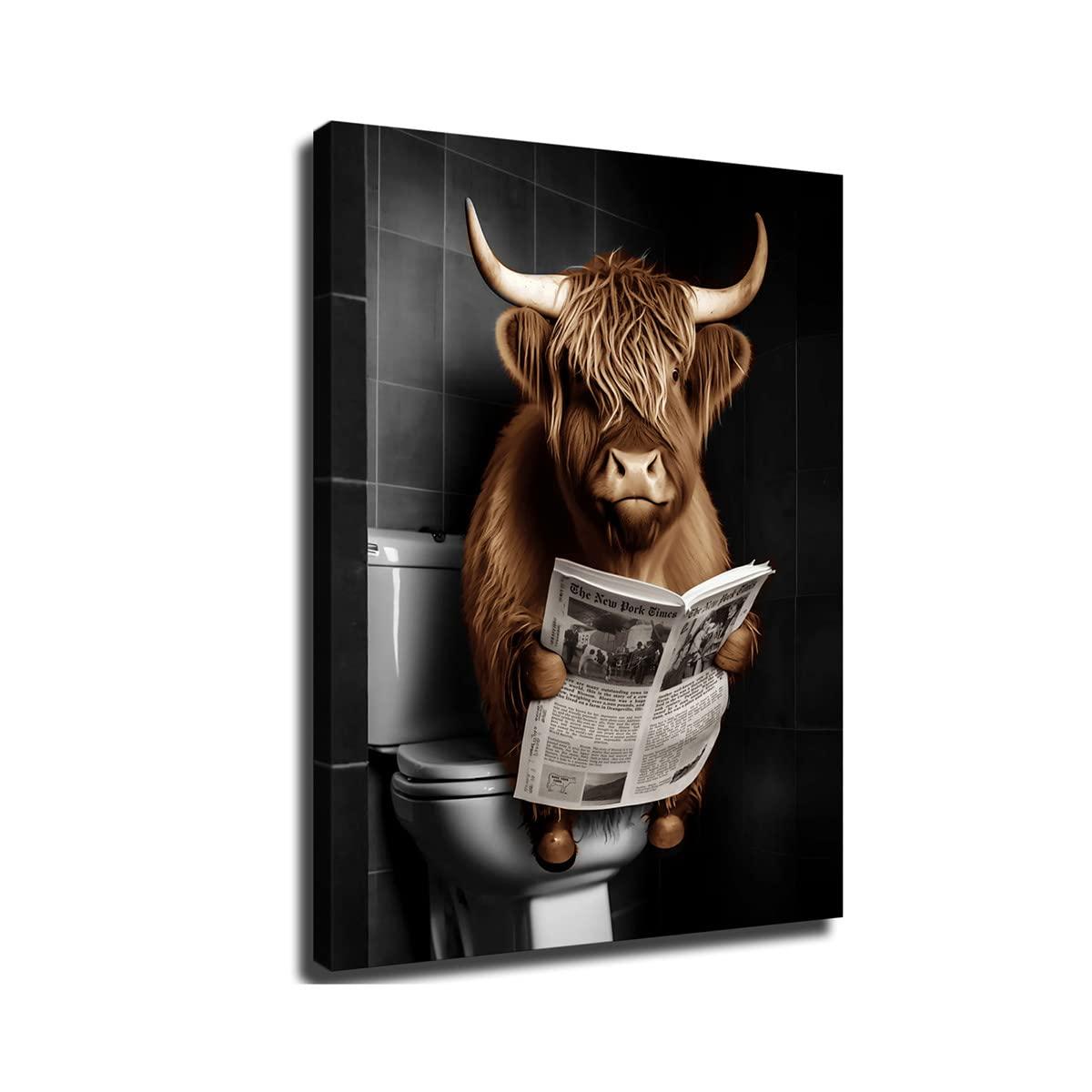ZHONGYUTONG Funny Highland Cow Bathroom Decor Cow Sitting on Toilet Reading Newspaper Wall Art Cute Animal Poster Prints Farmhouse Toilet Canvas Artwork (12.00" x 18.00")