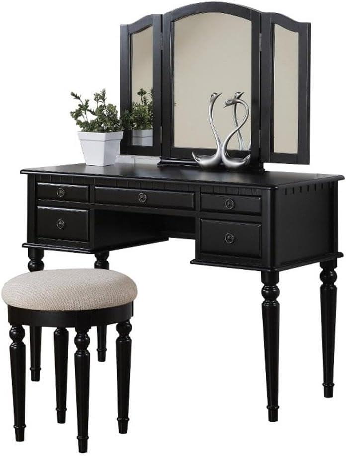 Bobkona St. Croix 3 Fold Mirror Vanity Table with Stool Set, Black