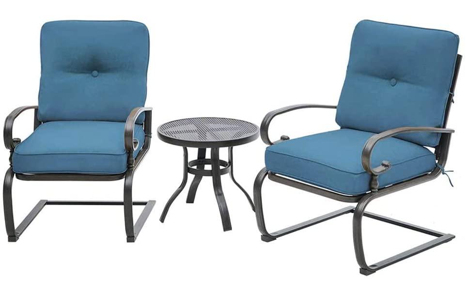 SUNCROWN 3-Piece Patio Furniture Outdoor Bistro Set Spring Metal Chairs and Round Bistro Table, Blue