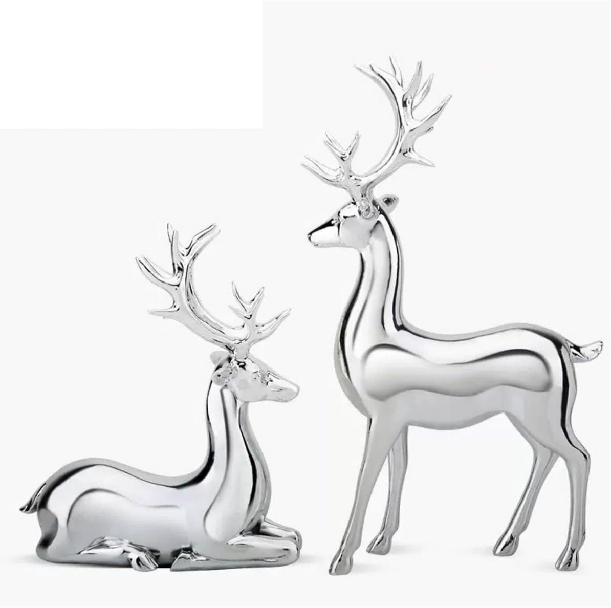 2Pcs Elk Deer Statue Reindeer Figurines Resin Sculpture Living Room Home Decoration Nordic Tabletop Ornaments (Silver 2pcs)