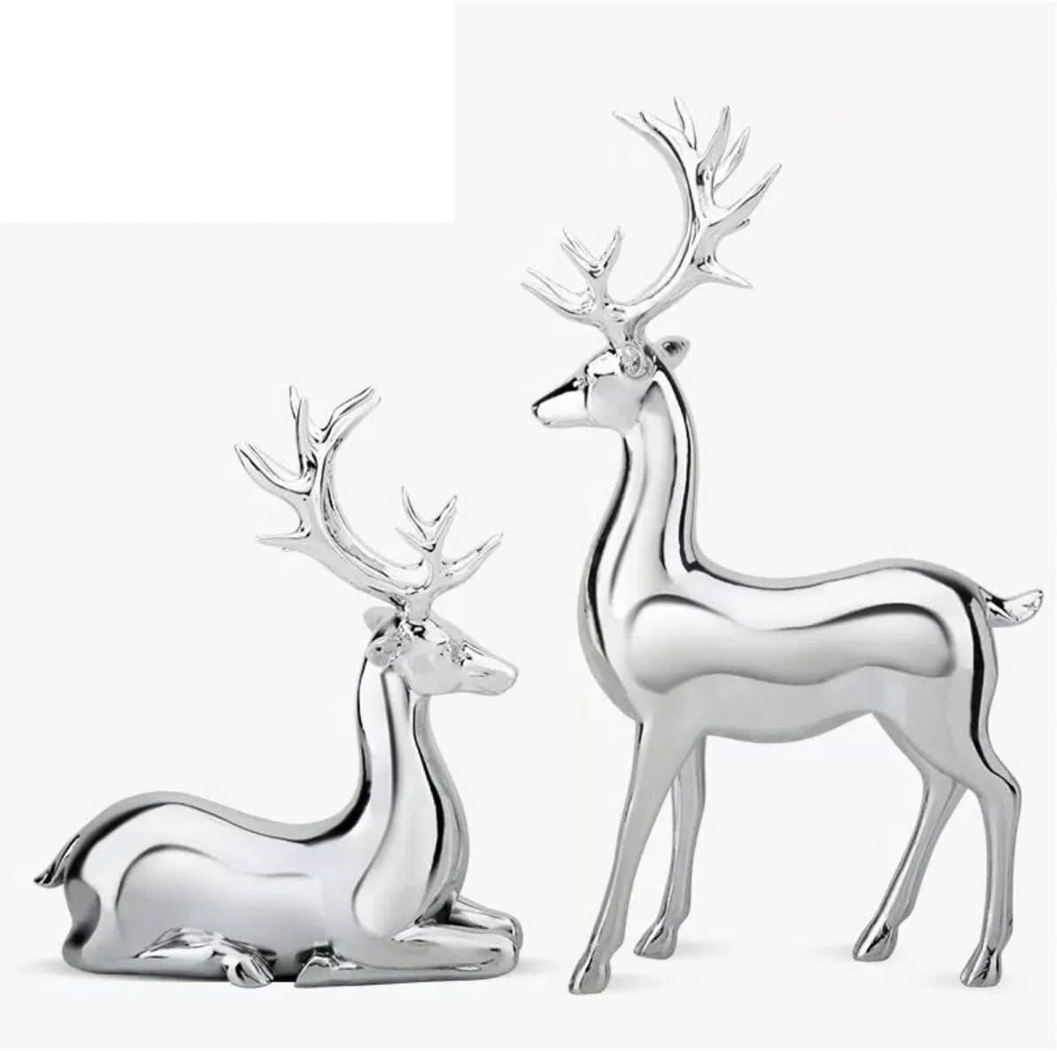 Silver Resin Deer Figurines for Nursery Decor, Set of 2