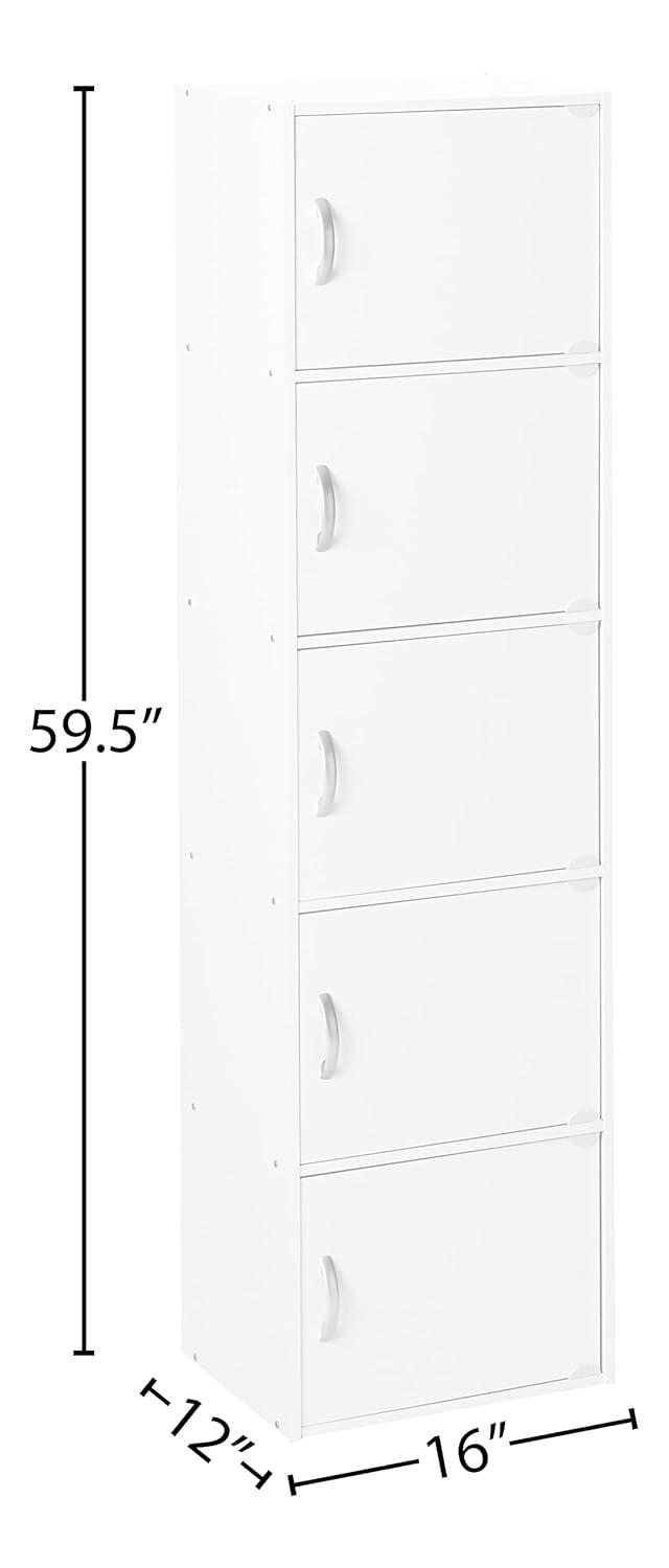 Hodedah HID5 High Quality 5 Shelf Home, Office, and School Enclosed Organization Storage 59 Inch Tall Slim Bookcase Cabinets, White Finish