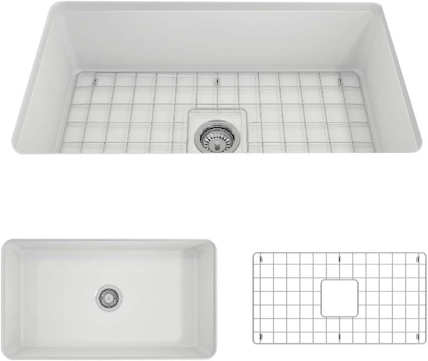 BOCCHI Sotto Undermount Fireclay 32 in. Single Bowl Kitchen Sink with Protective Bottom Grid and Strainer in Matte White