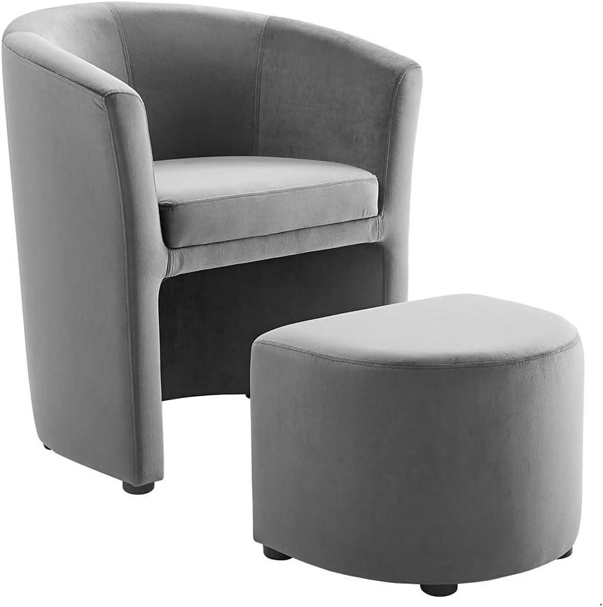 Gray Velvet and Wood Accent Chair with Ottoman