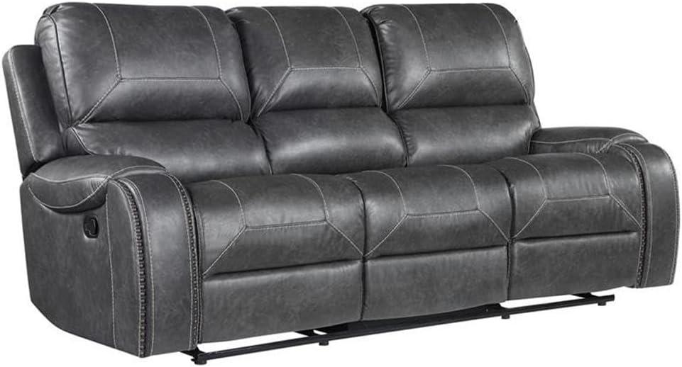 Gray Faux Leather Manual Reclining Sofa with Nailhead Trim