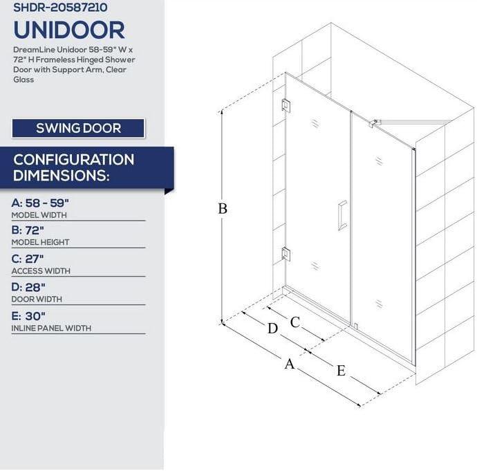 Unidoor 58" W x 72" H Hinged Frameless Shower Door with Clearmax™ Technology