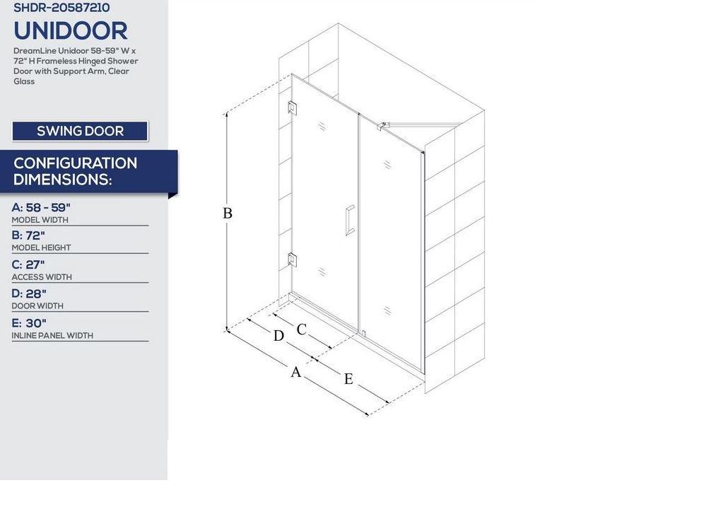 Unidoor 58" W x 72" H Hinged Frameless Shower Door with Clearmax™ Technology