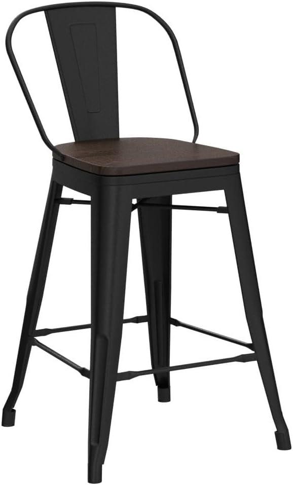 Alunaune 26" Swivel Metal Bar Stools Set of 4 High Back Counter Height Barstools Industrial Dining Bar Chairs with Large Wooden Seat-Matte Black