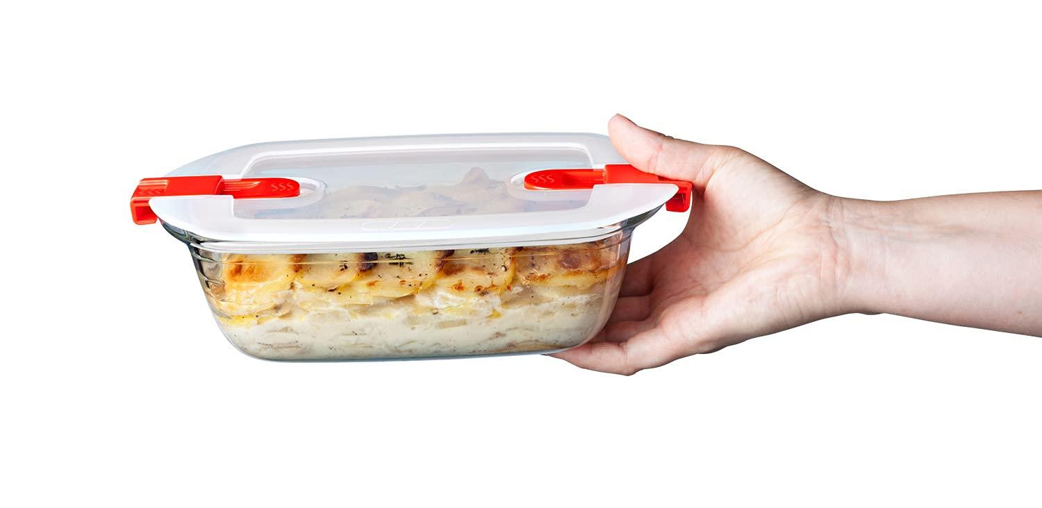 Clear Rectangular Glass Food Storage Containers Set with Red Lids