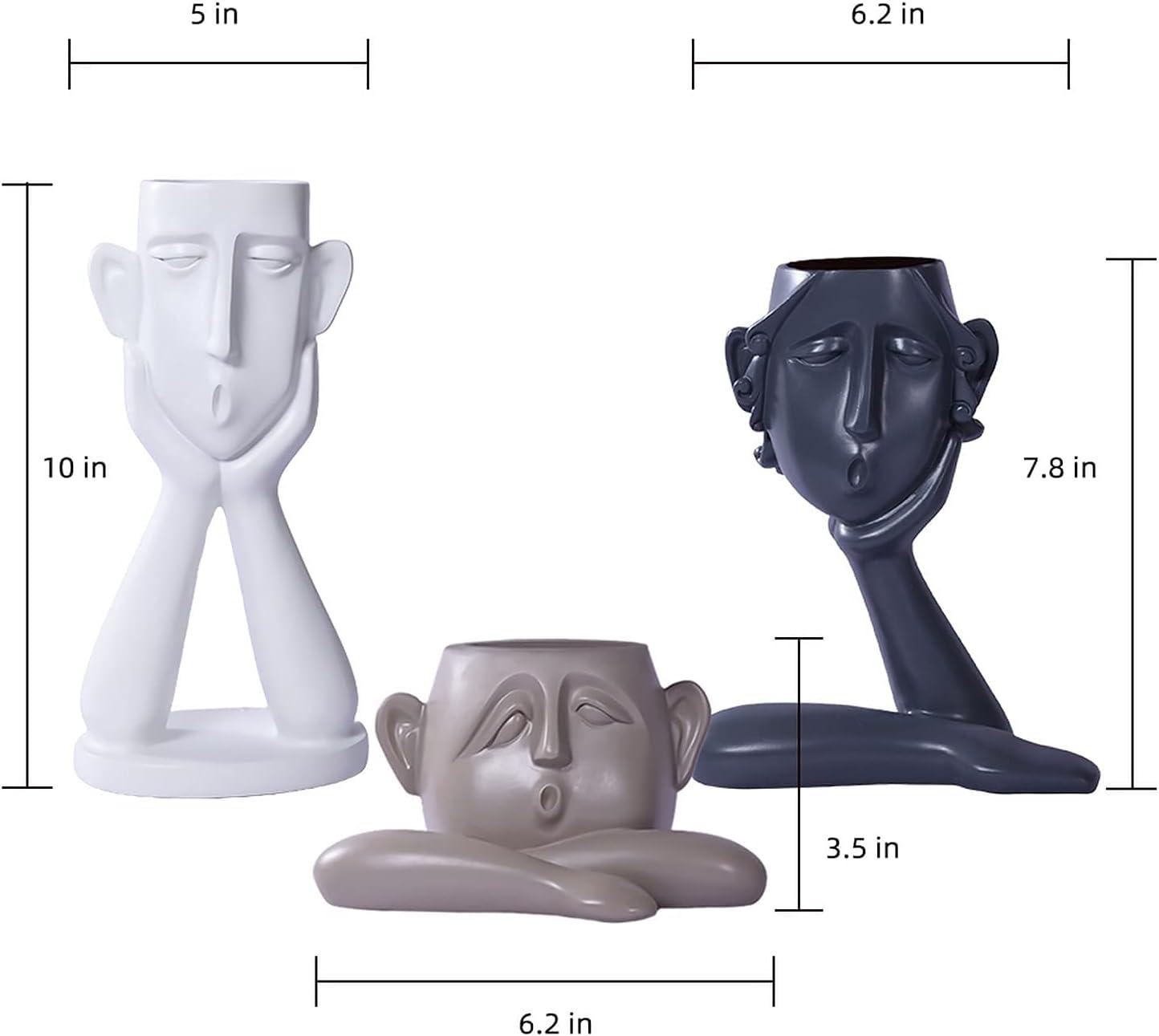 Set of 3 White Khaki Grey Resin Face Planters