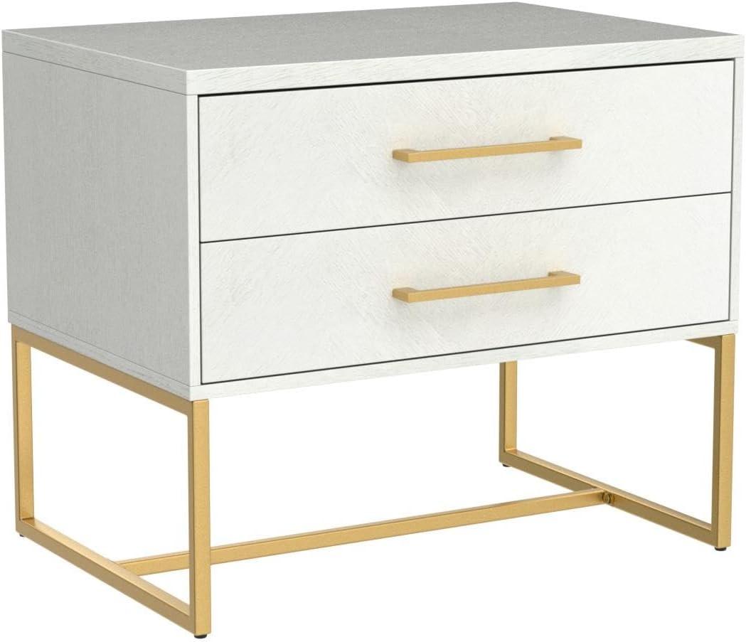 Estelle 36" White Contemporary 2-Drawer Nightstand with Brass Accents