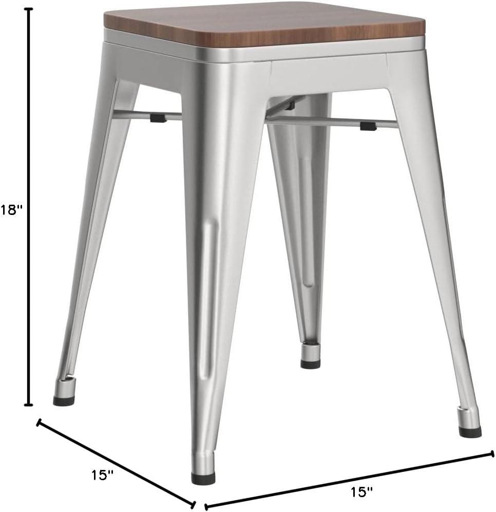 Flash Furniture 18" Backless Table Height Stool with Wooden Seat, Stackable Silver Metal Indoor Dining Stool, Commercial Grade - Set of 4