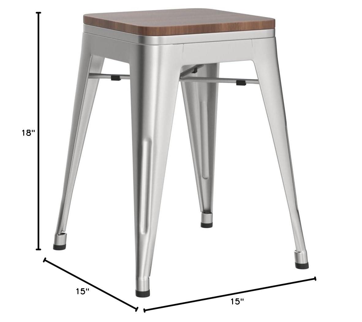 Flash Furniture 18" Backless Table Height Stool with Wooden Seat, Stackable Silver Metal Indoor Dining Stool, Commercial Grade - Set of 4