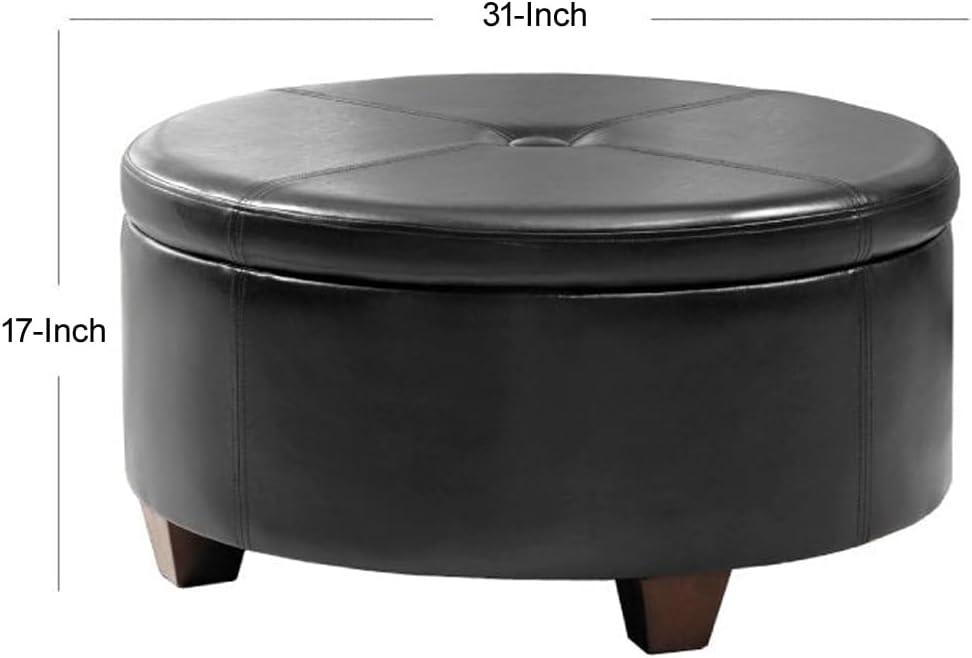 Leatherette Single Button Tufted Round Ottoman with Wooden Feet, Large, Black and Brown