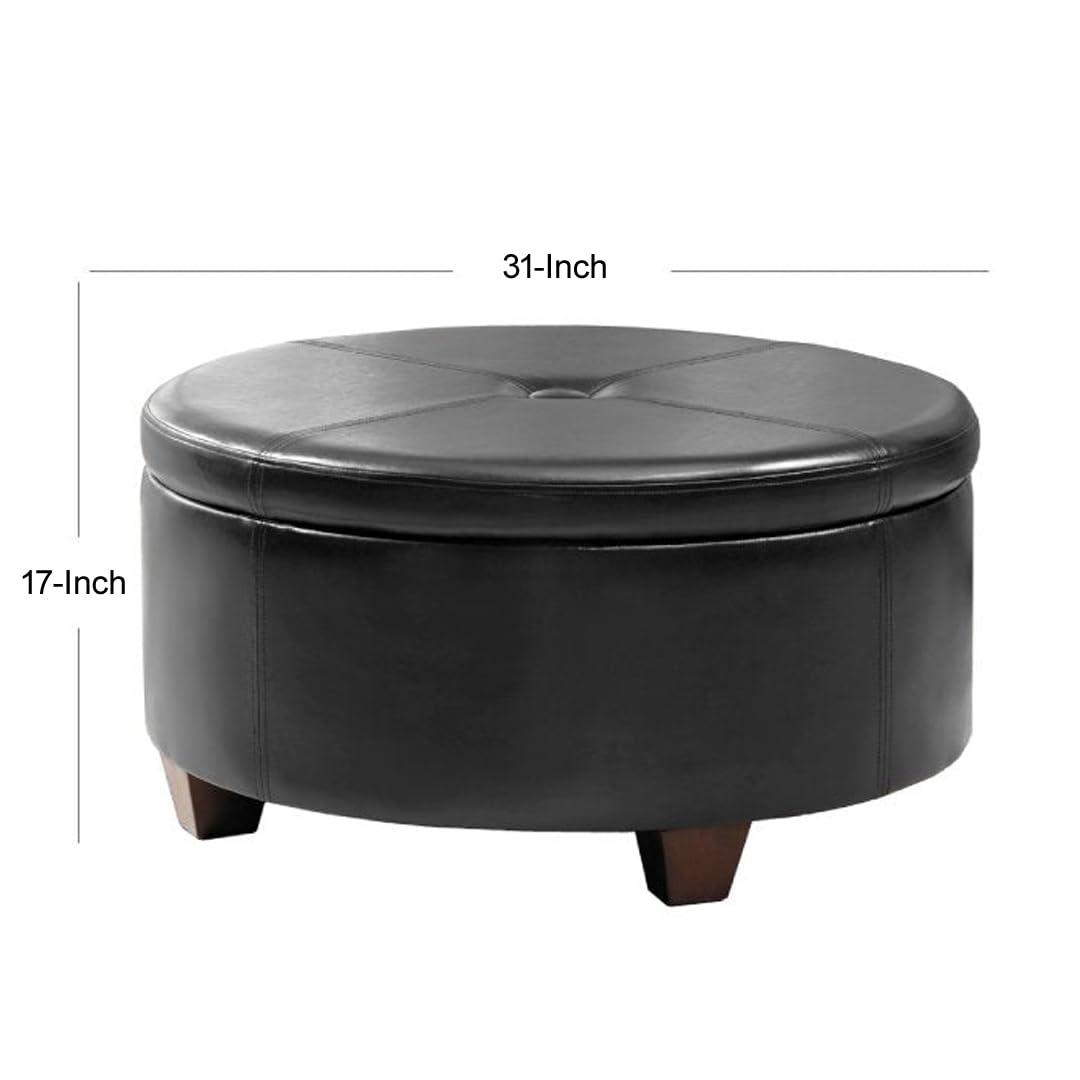 Leatherette Single Button Tufted Round Ottoman with Wooden Feet, Large, Black and Brown