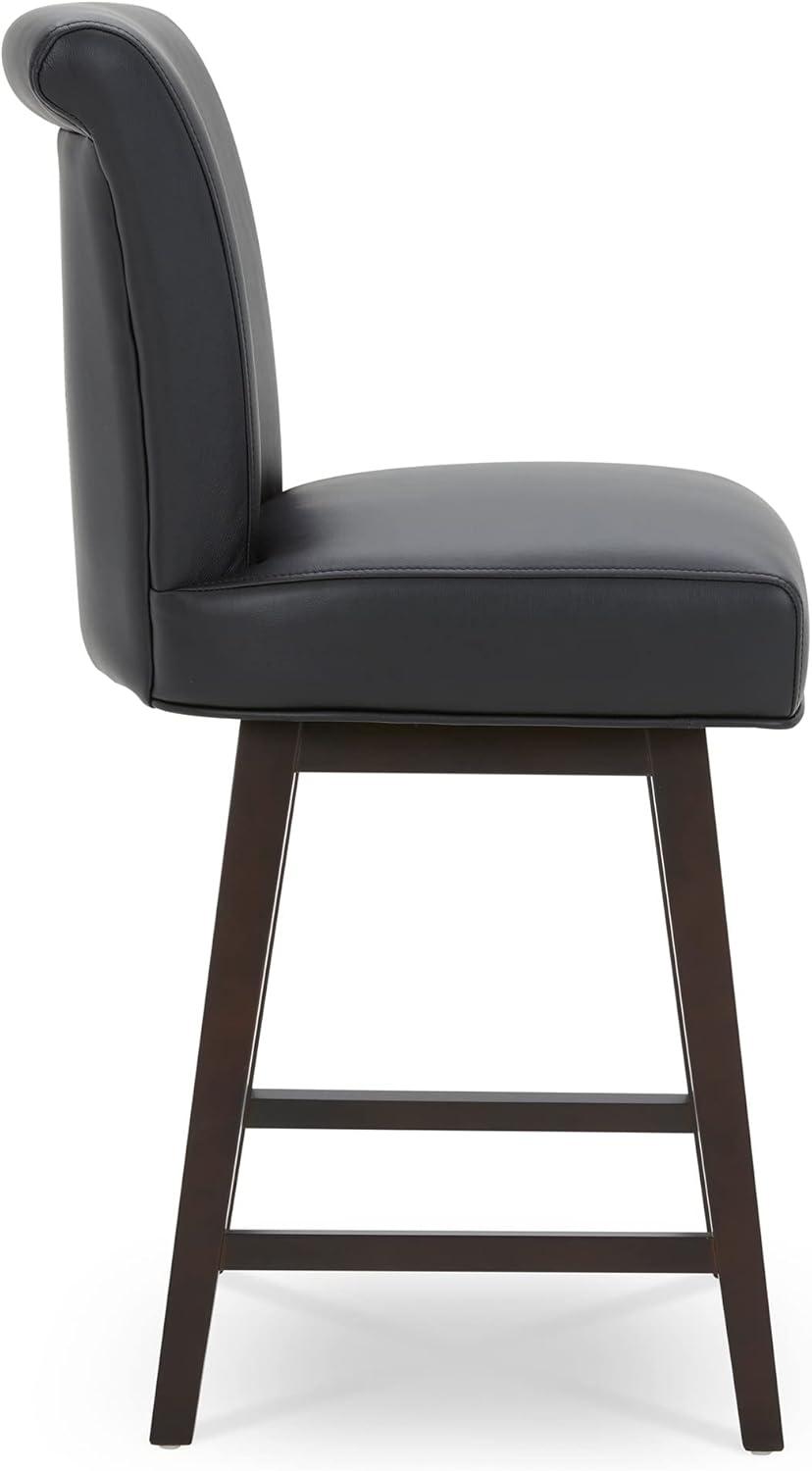 CHITA 26 in Upholstered Swivel Counter Bar Stools with Back&Wood Legs Set of 2, Faux Leather in Black