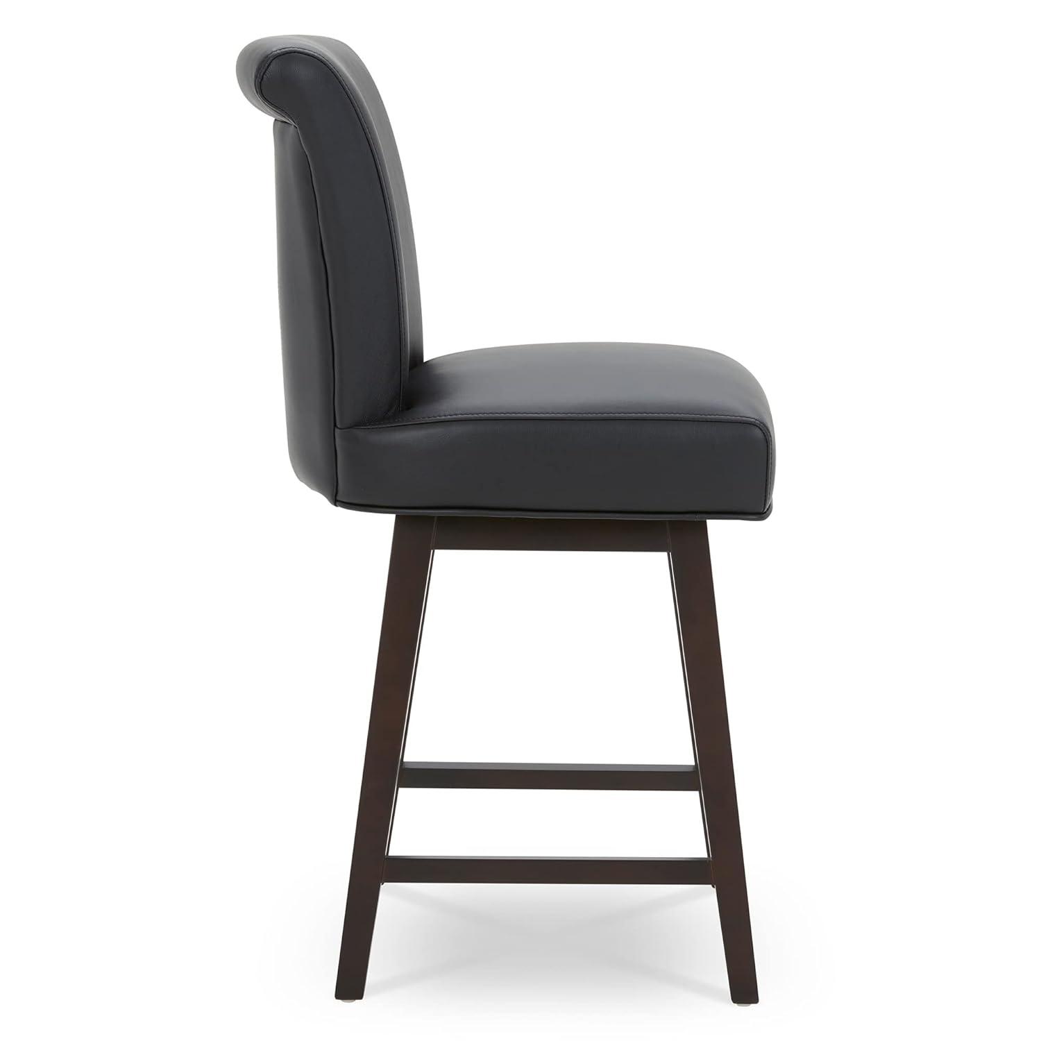CHITA 26 in Upholstered Swivel Counter Bar Stools with Back&Wood Legs Set of 2, Faux Leather in Black