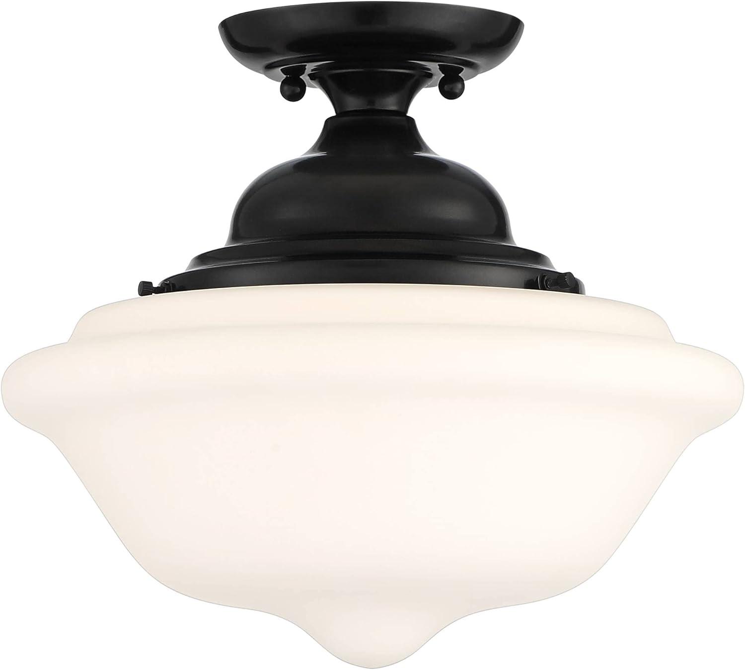 Regency Hill Vintage Rustic Farmhouse Ceiling Light Semi Flush Mount Fixture 13" Wide Gloss Black Flush White Glass Shade for Bedroom Living Room