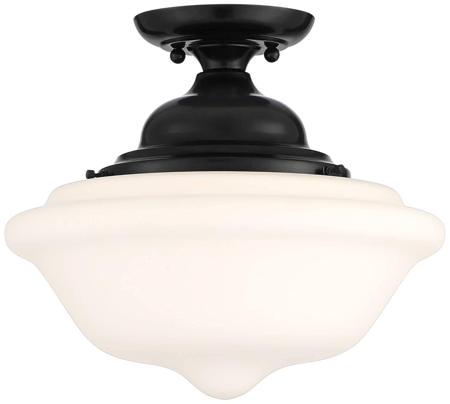 Regency Hill Vintage Rustic Farmhouse Ceiling Light Semi Flush Mount Fixture 13" Wide Gloss Black Flush White Glass Shade for Bedroom Living Room