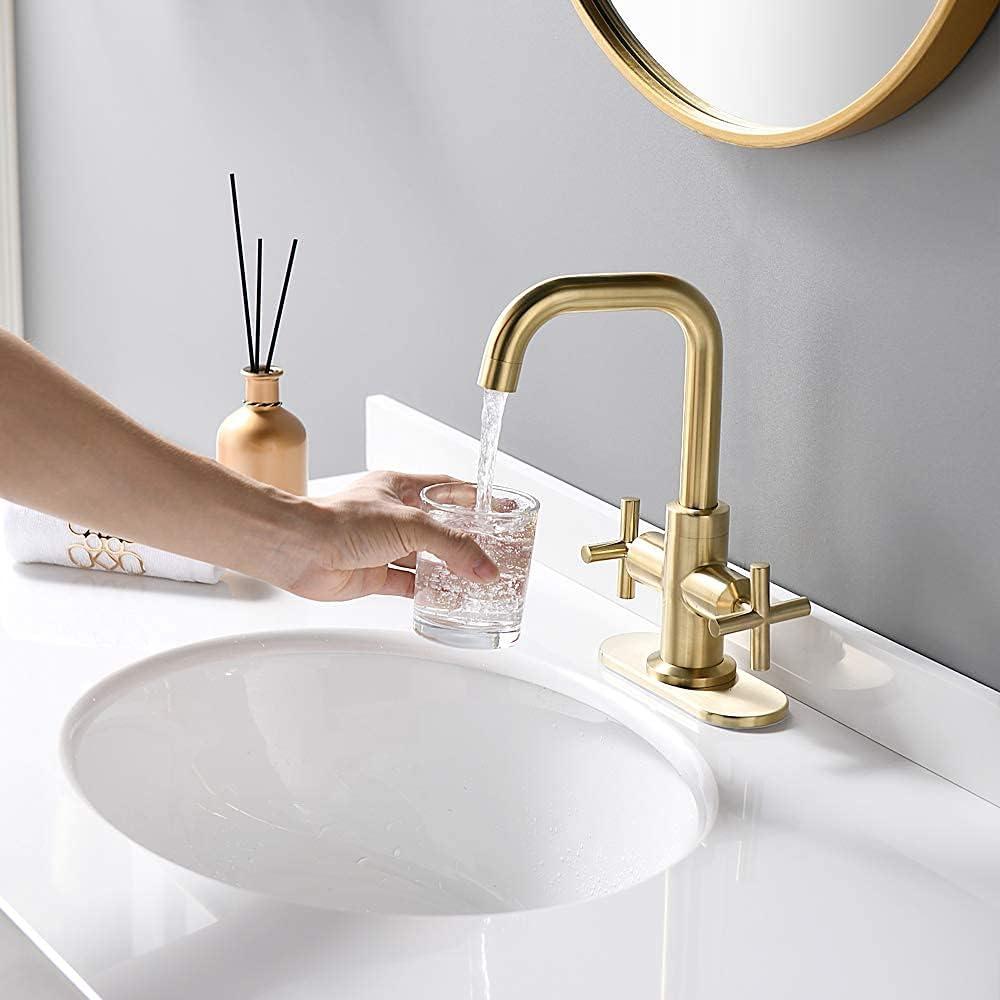 Brushed Gold 2-Handle Low-Arc Bathroom Faucet with Drain