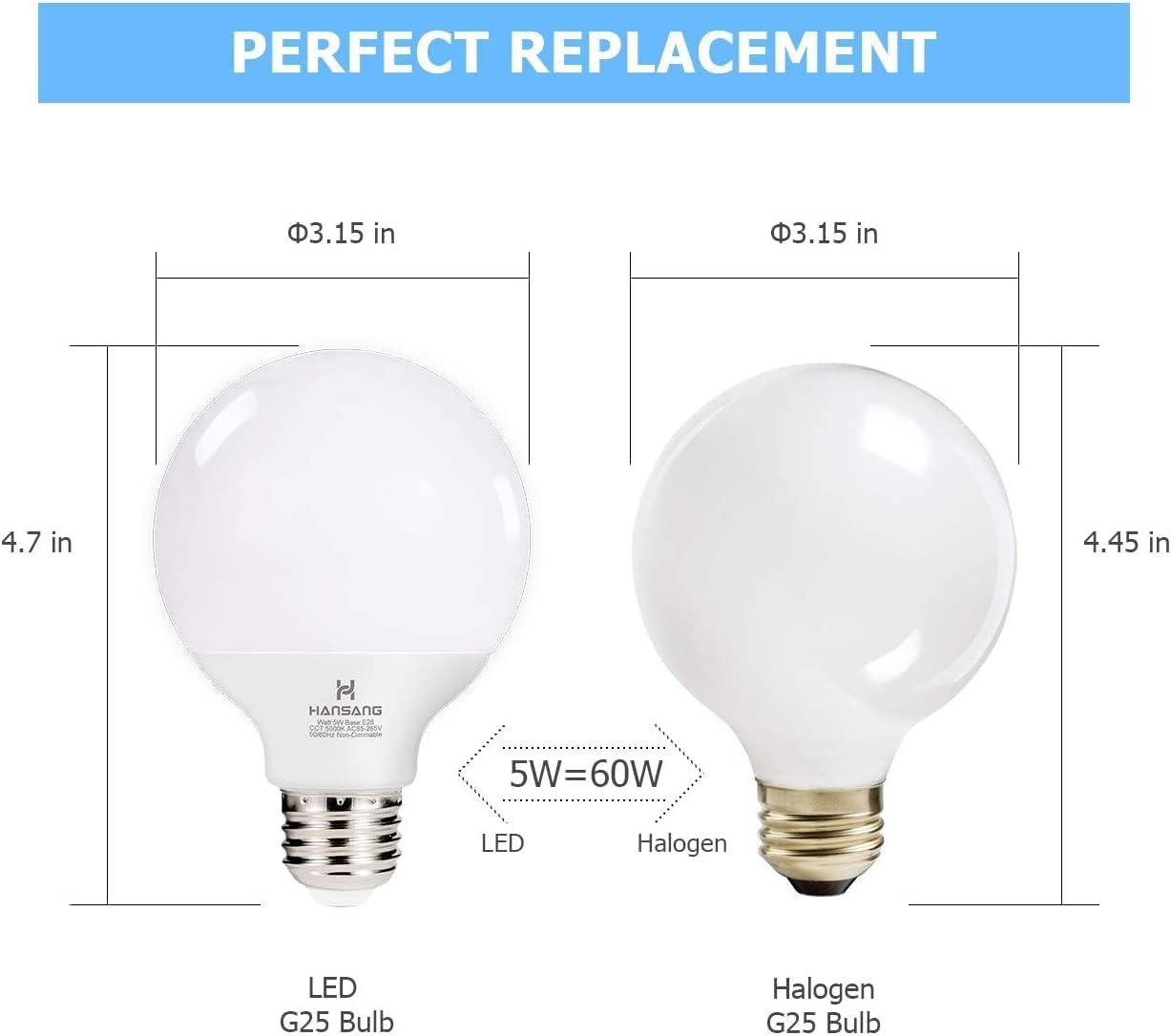 Hansang White G25 LED Globe Light Bulbs, 60W Equivalent