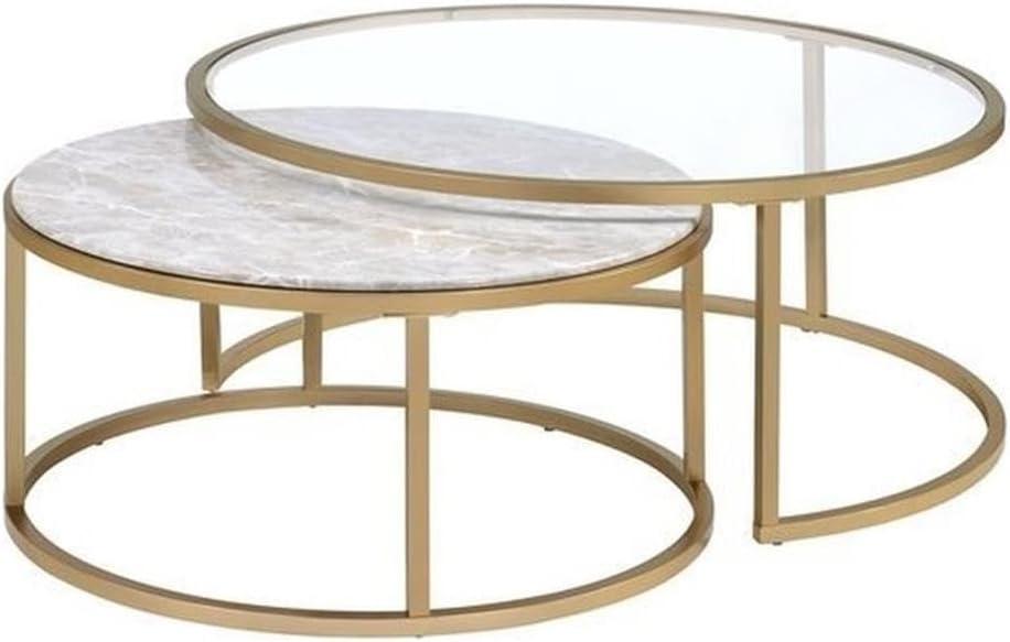 Metal Framed Nesting Coffee Tables with Glass and Marble Tops Set of Two Gold - Saltoro Sherpi