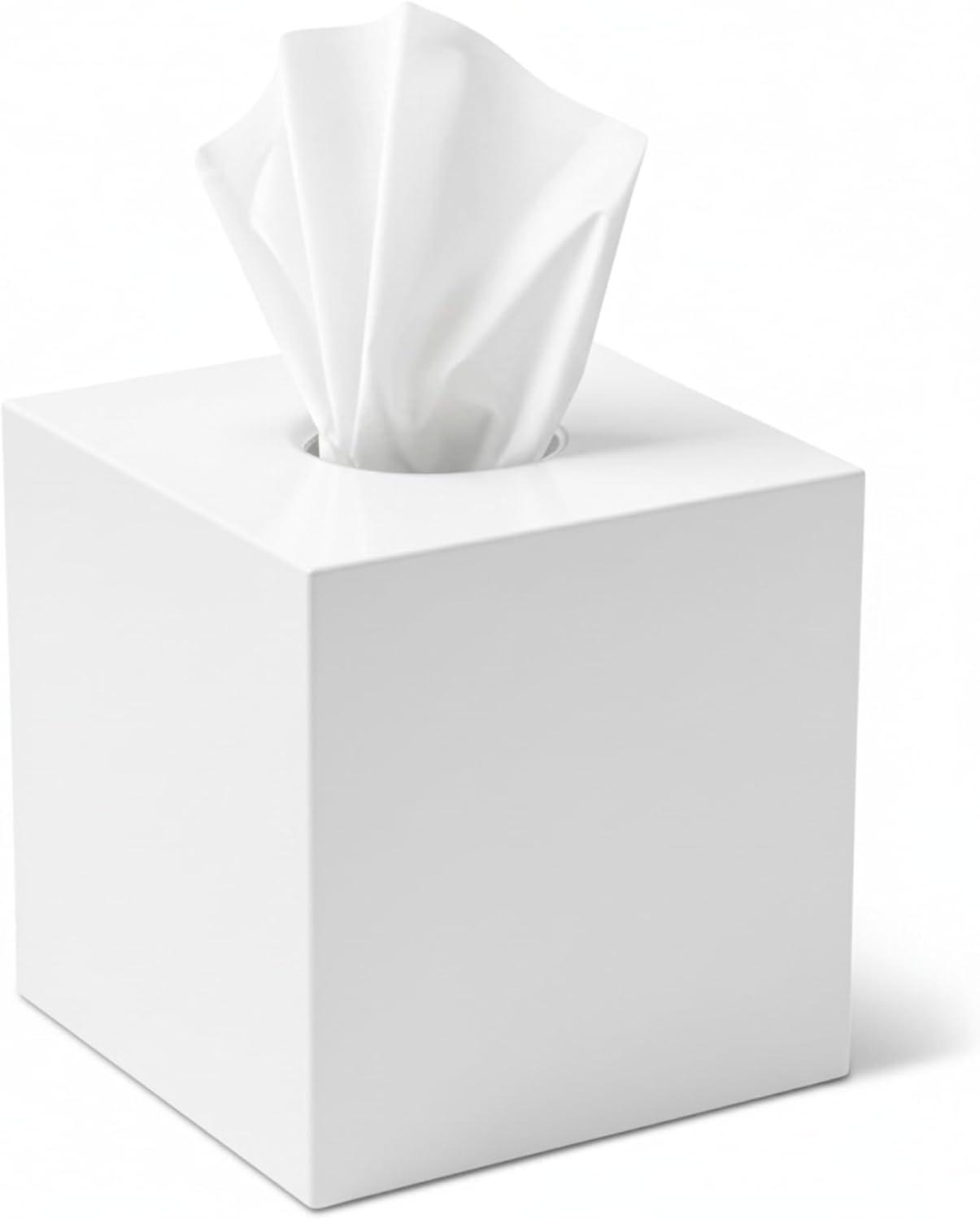 White Tissue Box Cover Square - Plastic Facial Tissue Box Holder - Decorative Cube Tissue Holder Dispenser Fits Any Vanity Countertop, Bedroom Dresser, Office, Bathroom Decor C33