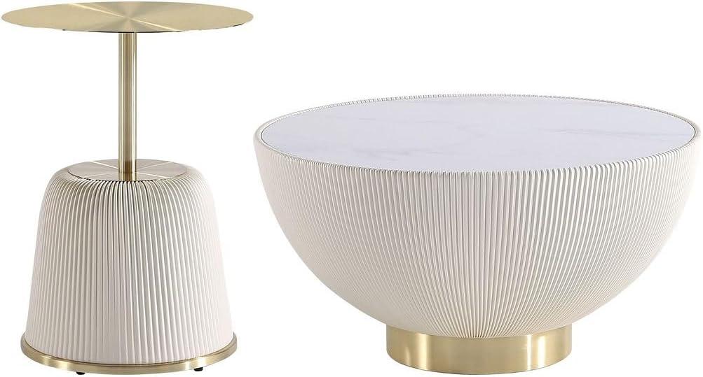 Manhattan Comfort 2pc Anderson Leatherette Upholstered Coffee Table and End Table with Metal Top Set Cream: Gold Finish, No Assembly Required